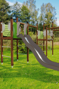 Render of an outdoor playground unit among grass and nature.